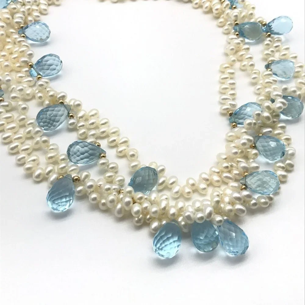 Genuine Multi-Strand Real Pearl Blue Faceted Crystal 14k Solid Gold Necklace